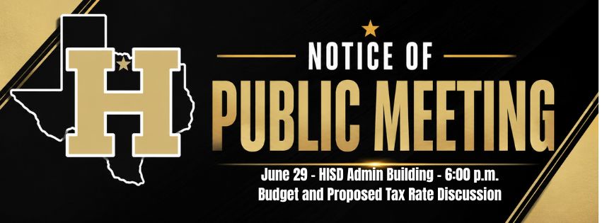 Banner reads "Notice of Public Meeting" with "H" logo, date, time, and location. Background is black with gold accents.