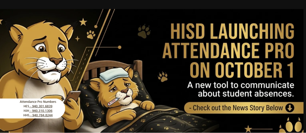 An advertisement featuring a lion holding a phone and another sleeping with a hat. Text reads "HISD Launching Attendance Pro on October 1."