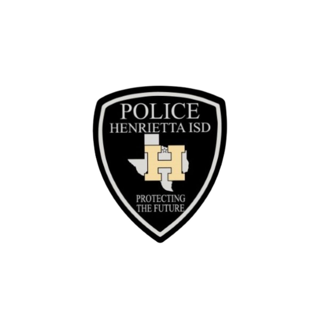 A logo on white background. The logo is black and gold. It reads "Police Henrietta ISD" and "Protecting the Future".