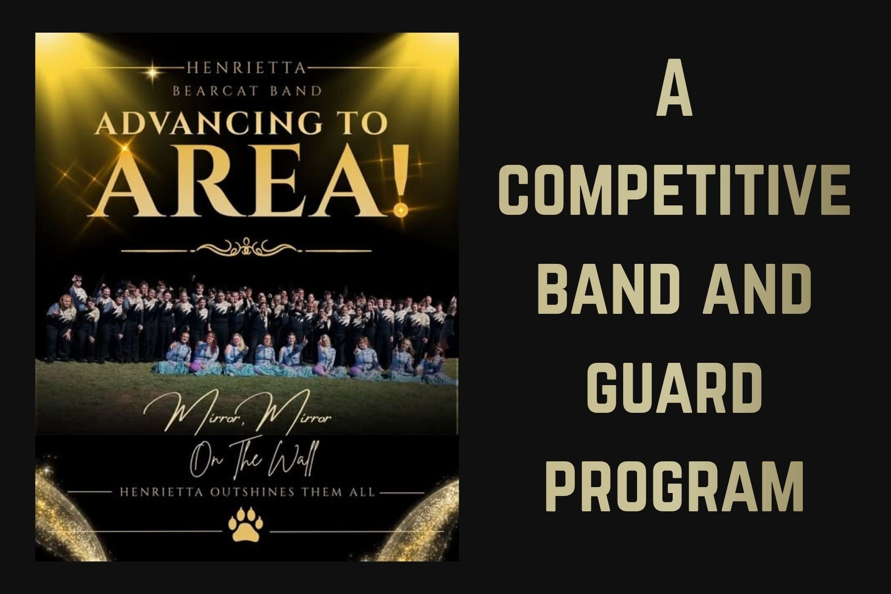A black-backgrounded banner promoting a competitive band and guard program, featuring a photo of students in uniforms.
