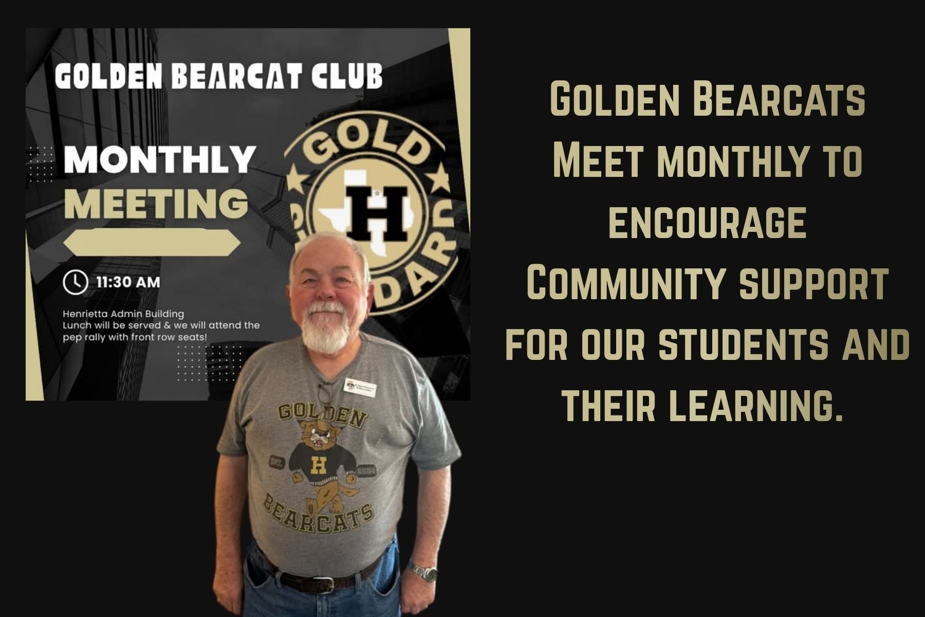 A man stands with a poster for Golden Bearcat Club, wearing a gray shirt with a logo.