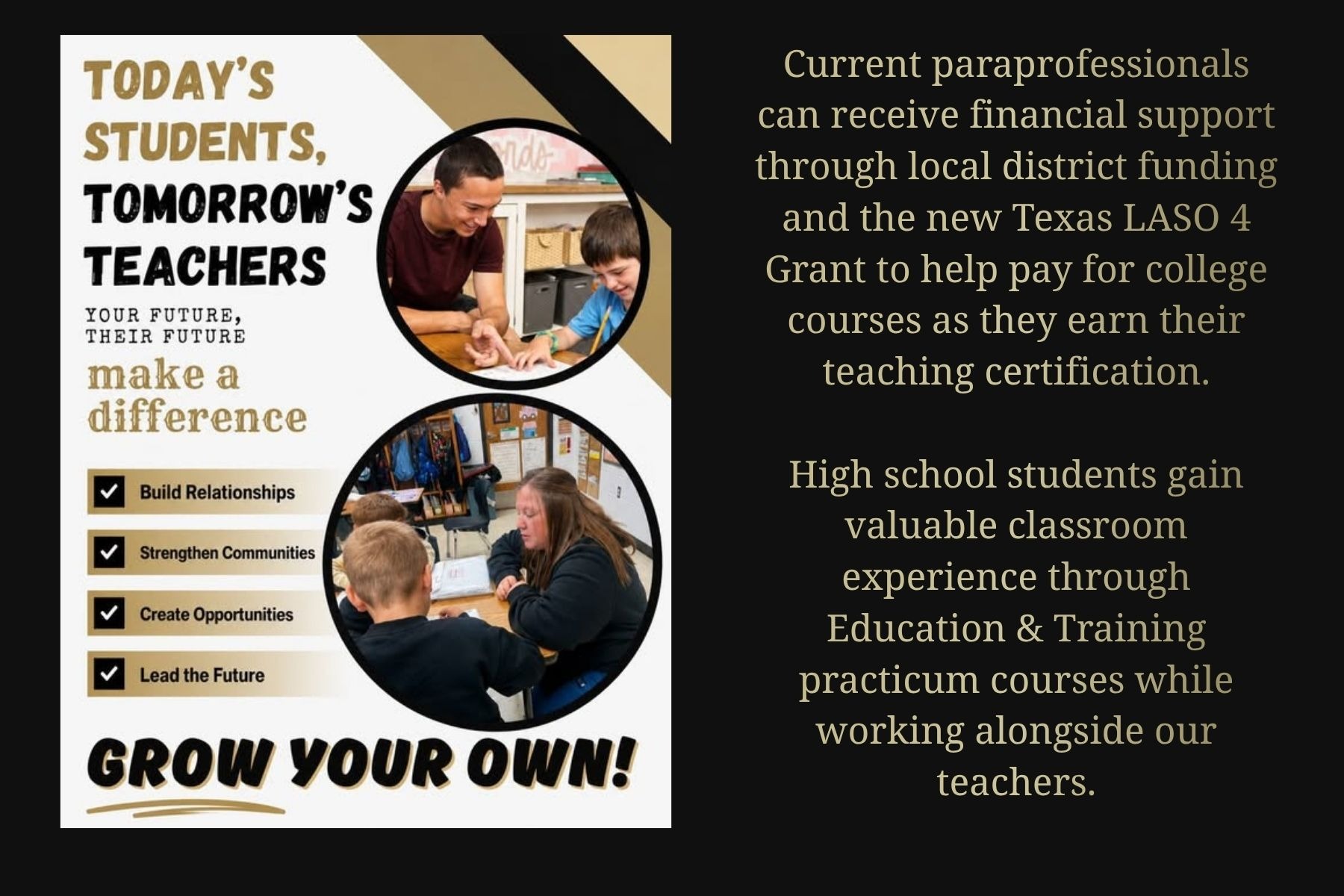 Black background with white text and graphics. Three images of students and teachers working in classrooms.