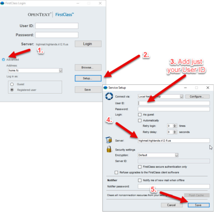 FirstClass Client configuration screens.  Open Advanced, add your User ID, and configure server with highmail.highlands.k12.fl.us.  Click Save