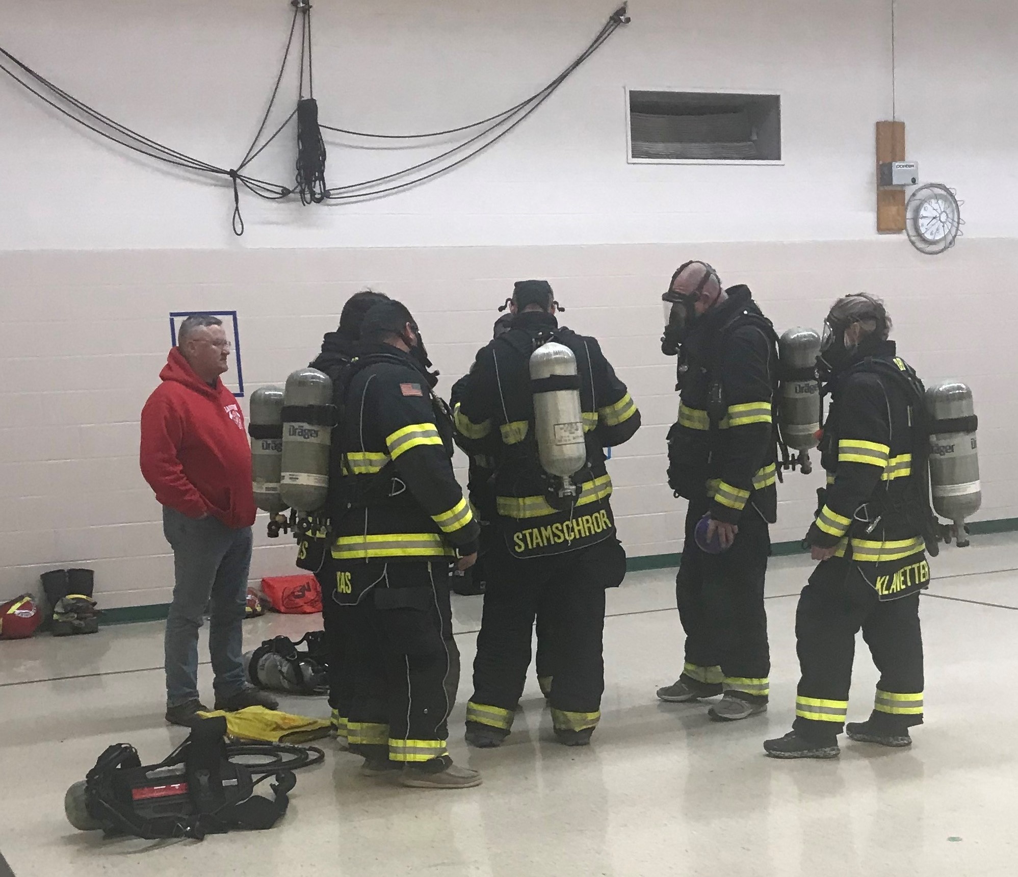 Plainview Firefighters playing dodgeball to learn how to breathe correctly under pressure.