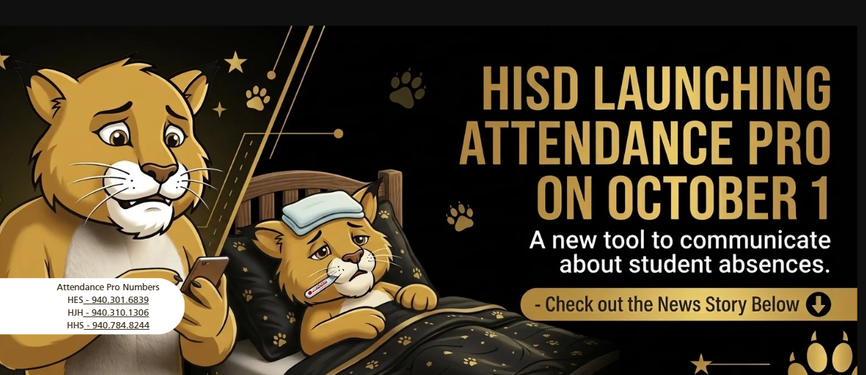 Poster with text "HISD launching attendance pro on October 1" and two cartoon lions. One holding a phone, the other with a toothbrush.