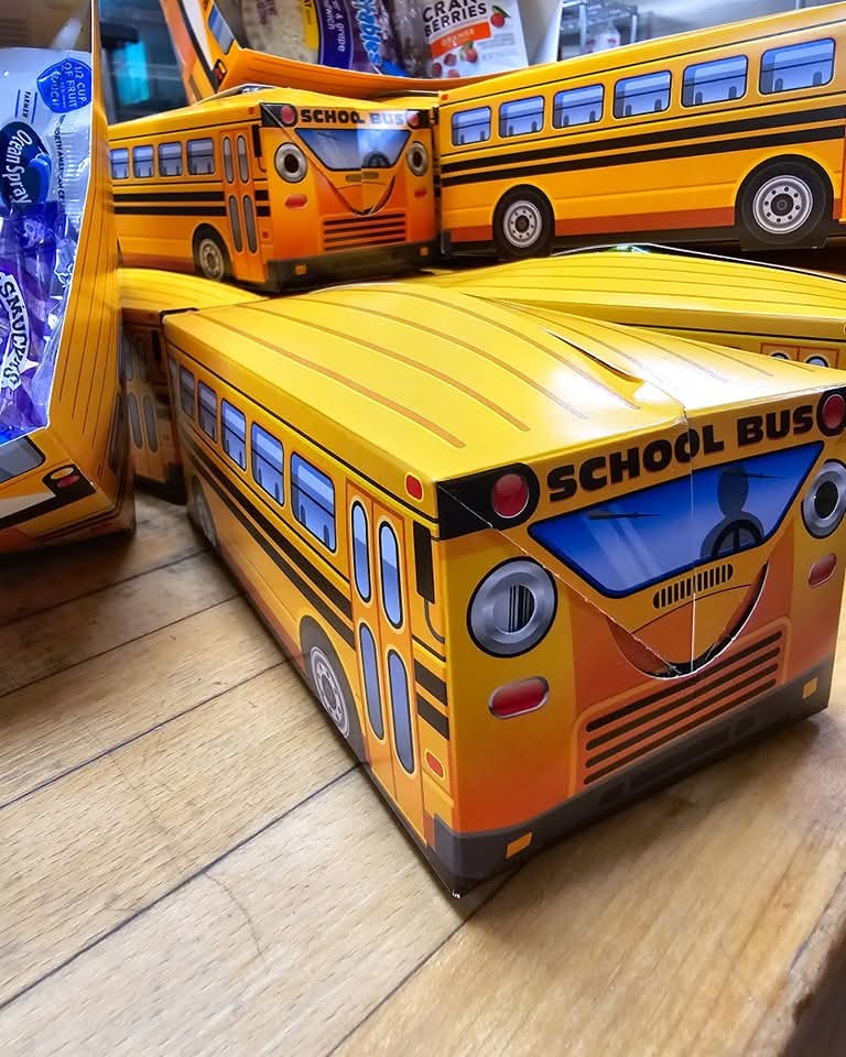 Photos of sack lunches packed in school bus boxes