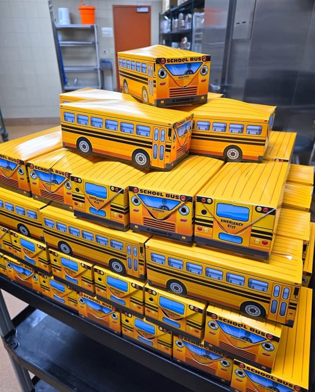 Photos of sack lunches packed in school bus boxes