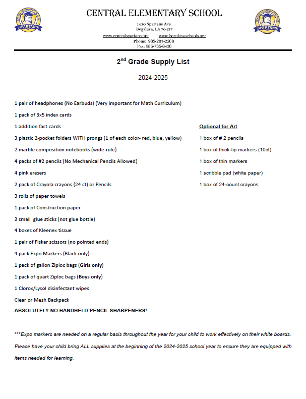 Second Grade Supply List