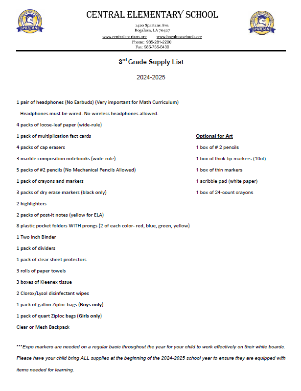 third grade Supply List