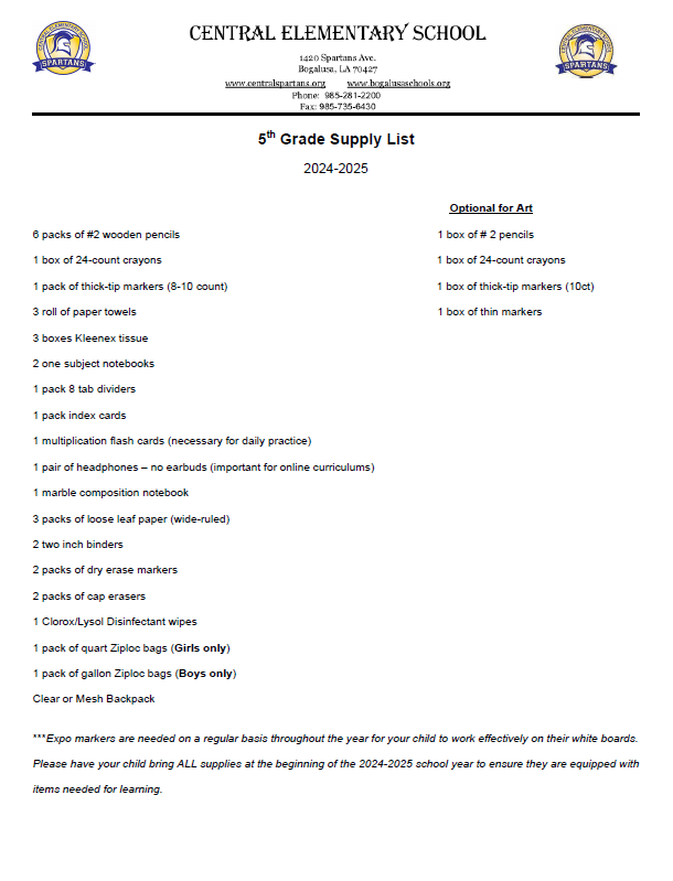 Fifth Grade Supply List