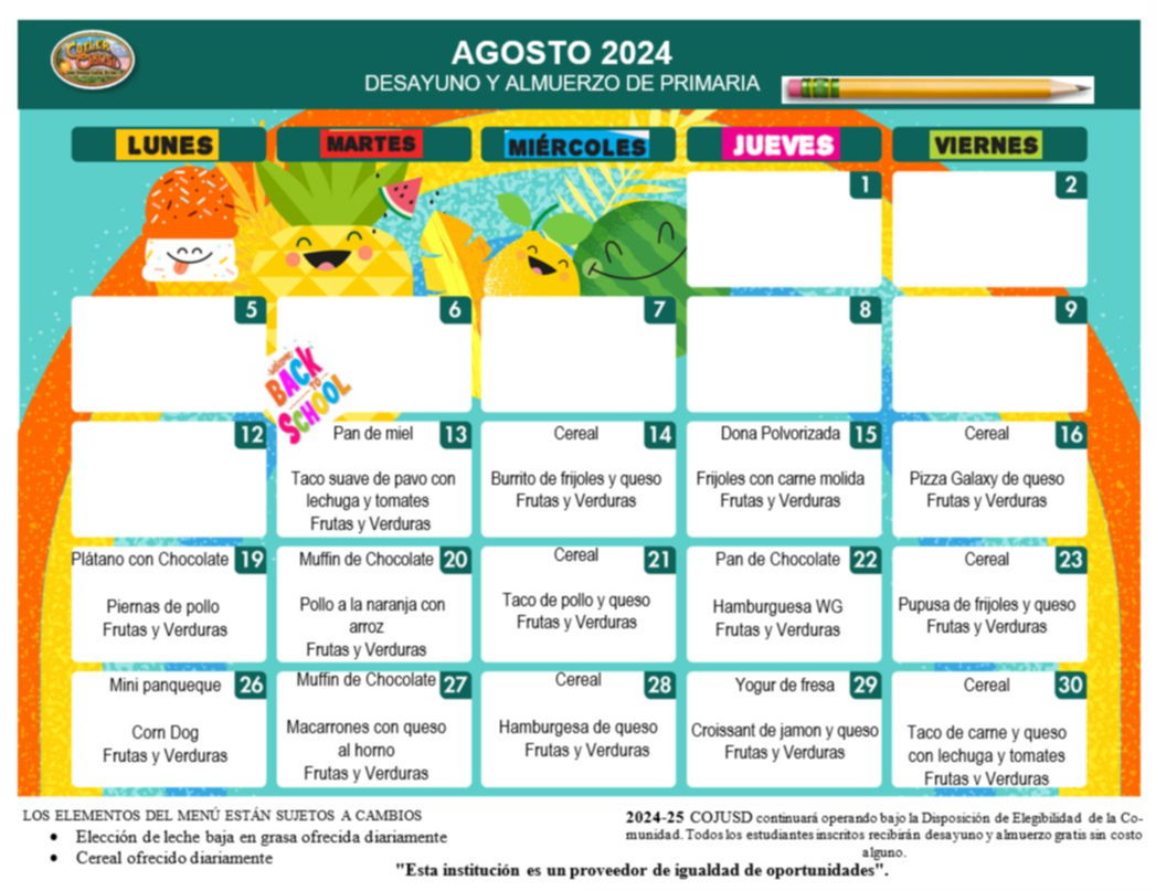 Calendario de Menu de las escuales primarias Agosto 2024