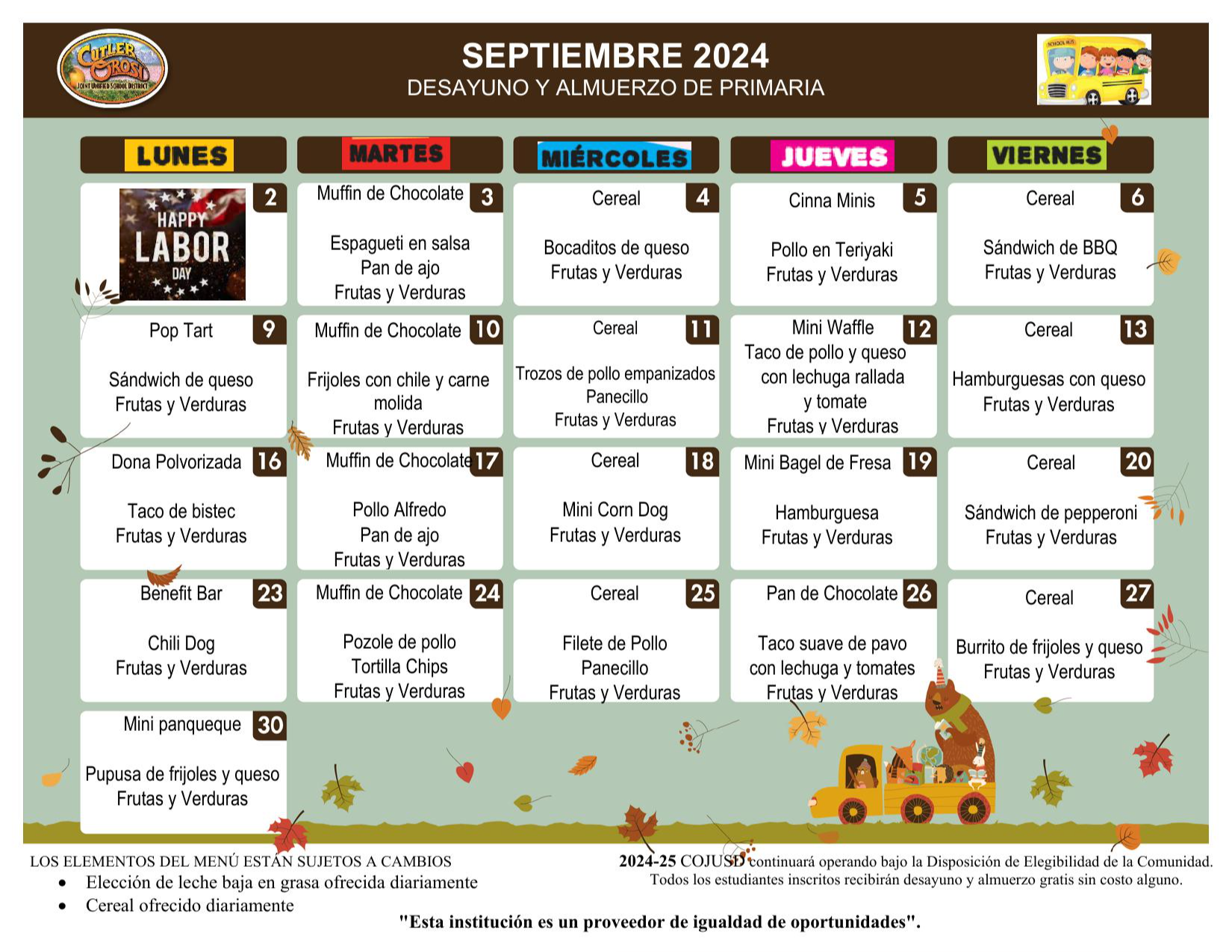 Elementary School Breakfast and Lunch schedule for August  2024