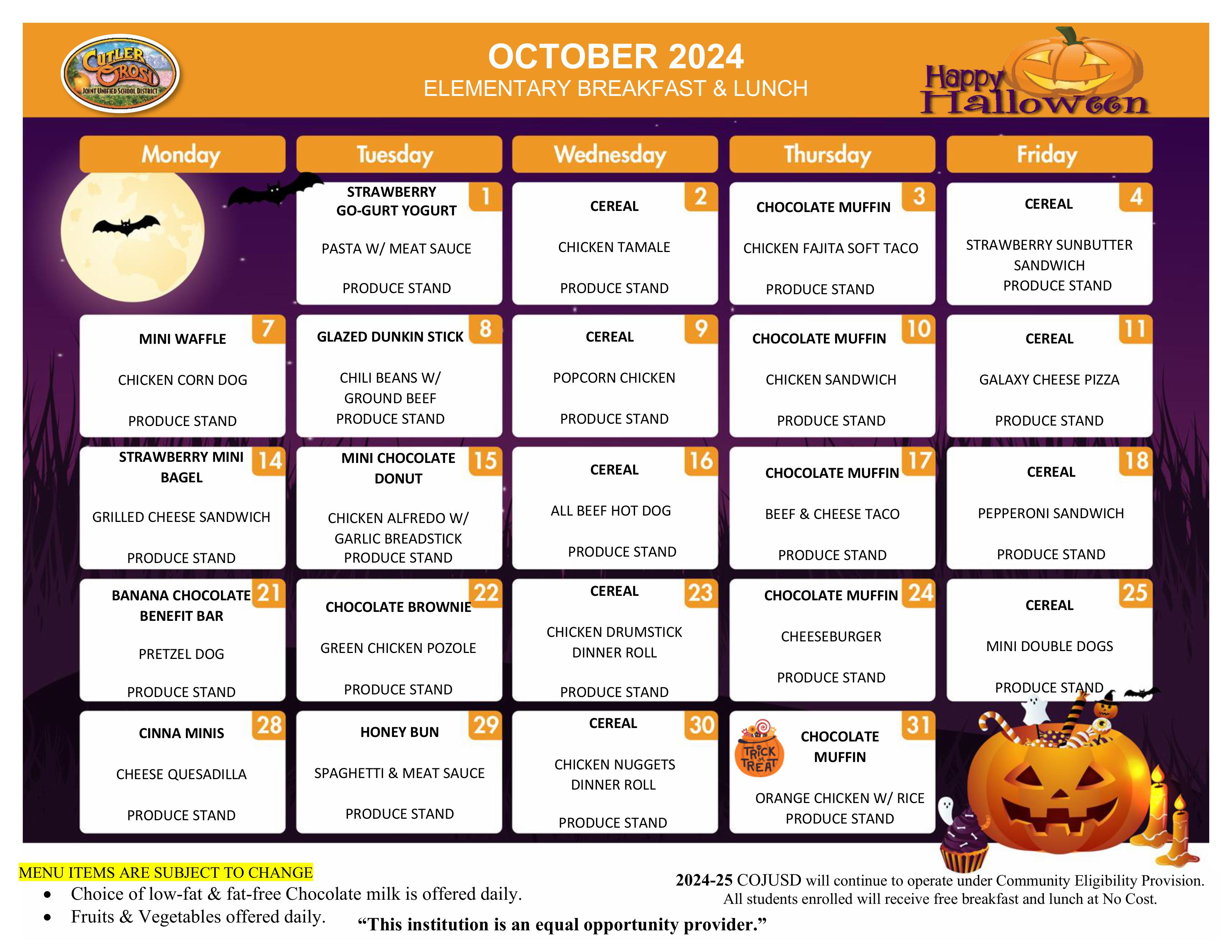 October Menu for Elementary School 2024