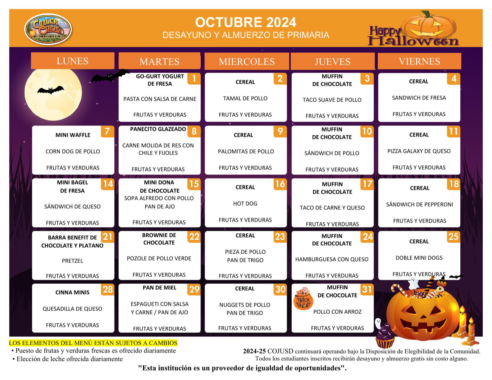 Calendario de  Menu de las escuales primarias Octubre 2024