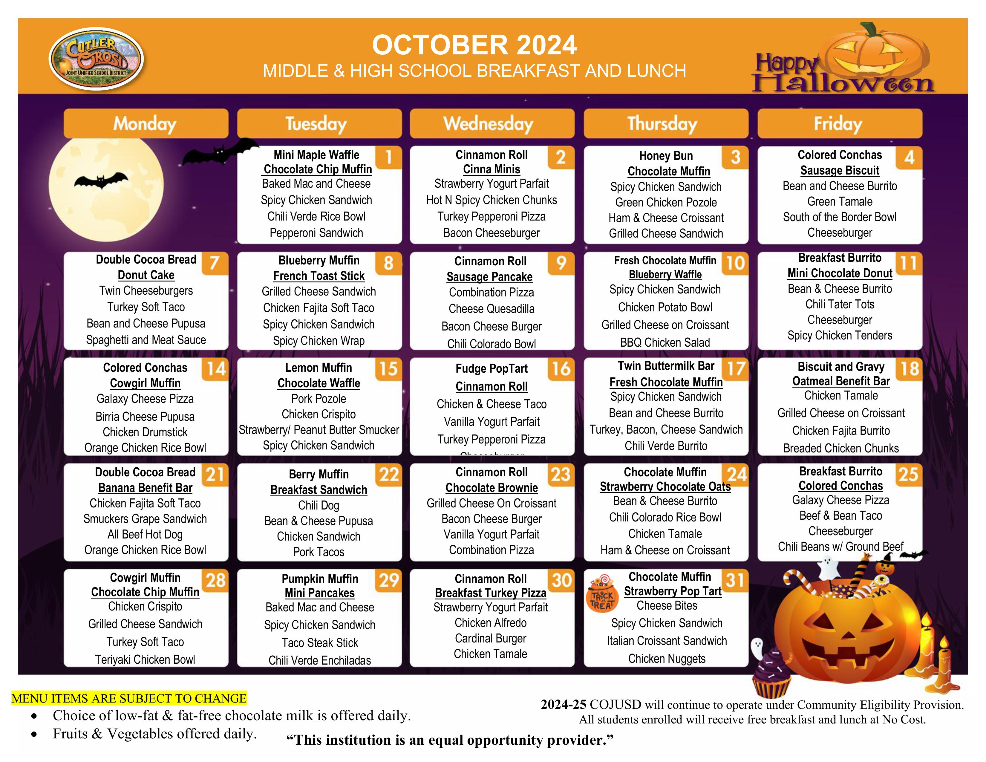 Middle & High School Breakfast and Lunch October Menu