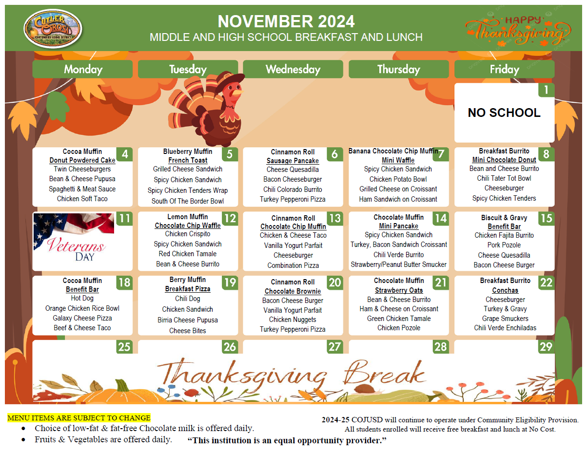 Middle & High School Breakfast and Lunch November Menu