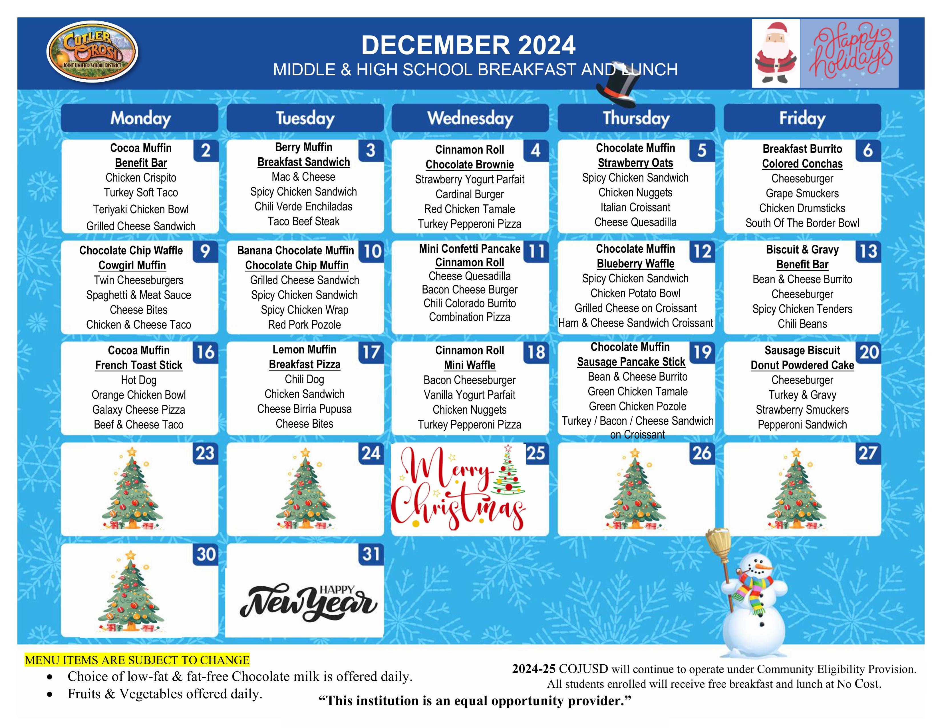 Middle & High School Breakfast and Lunch December Menu