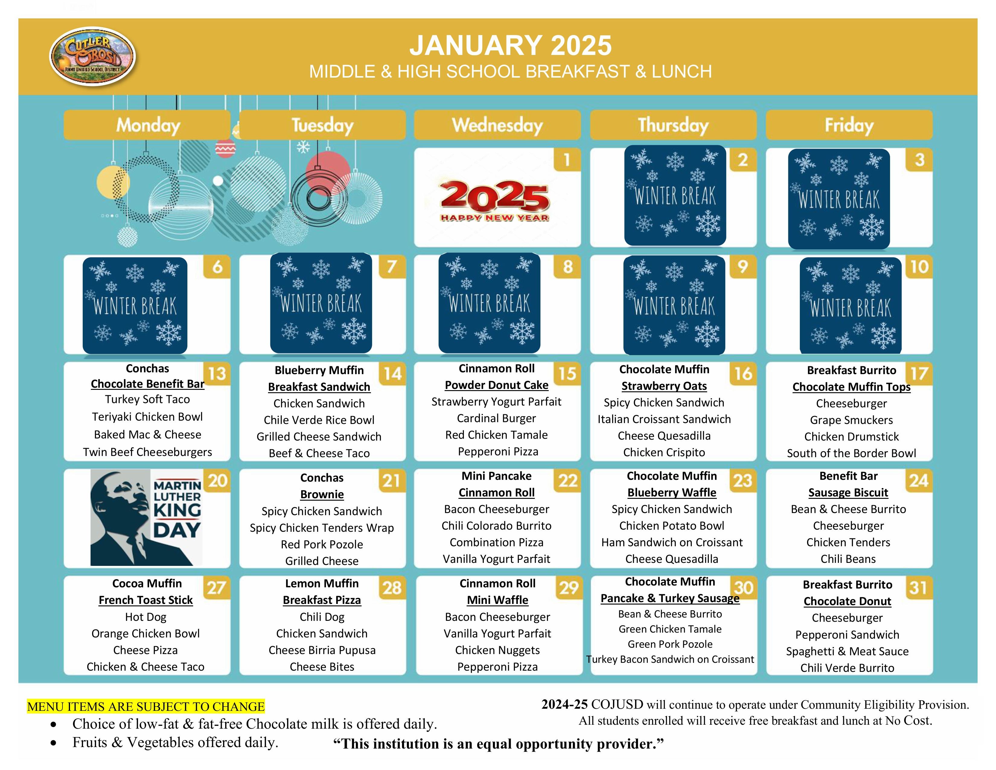 Middle & High School Breakfast and Lunch December Menu