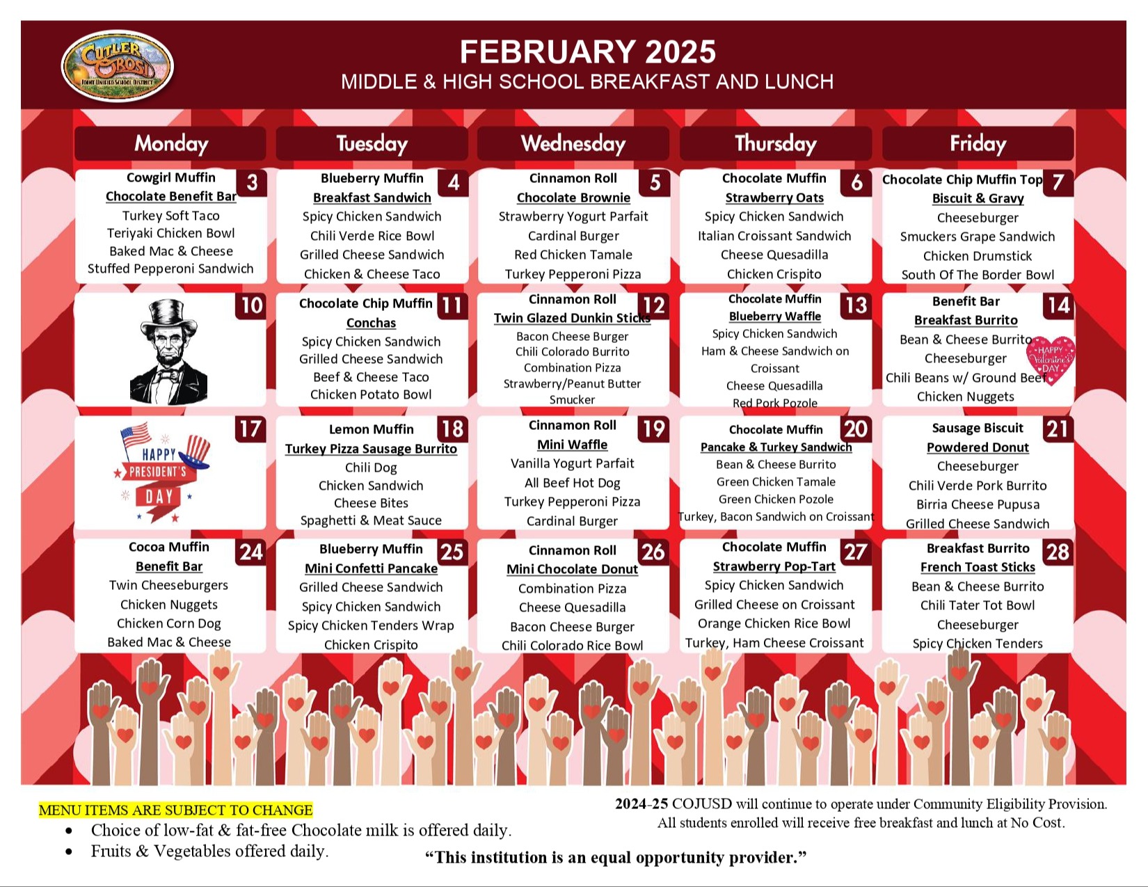 Middle & High School Breakfast and Lunch December Menu