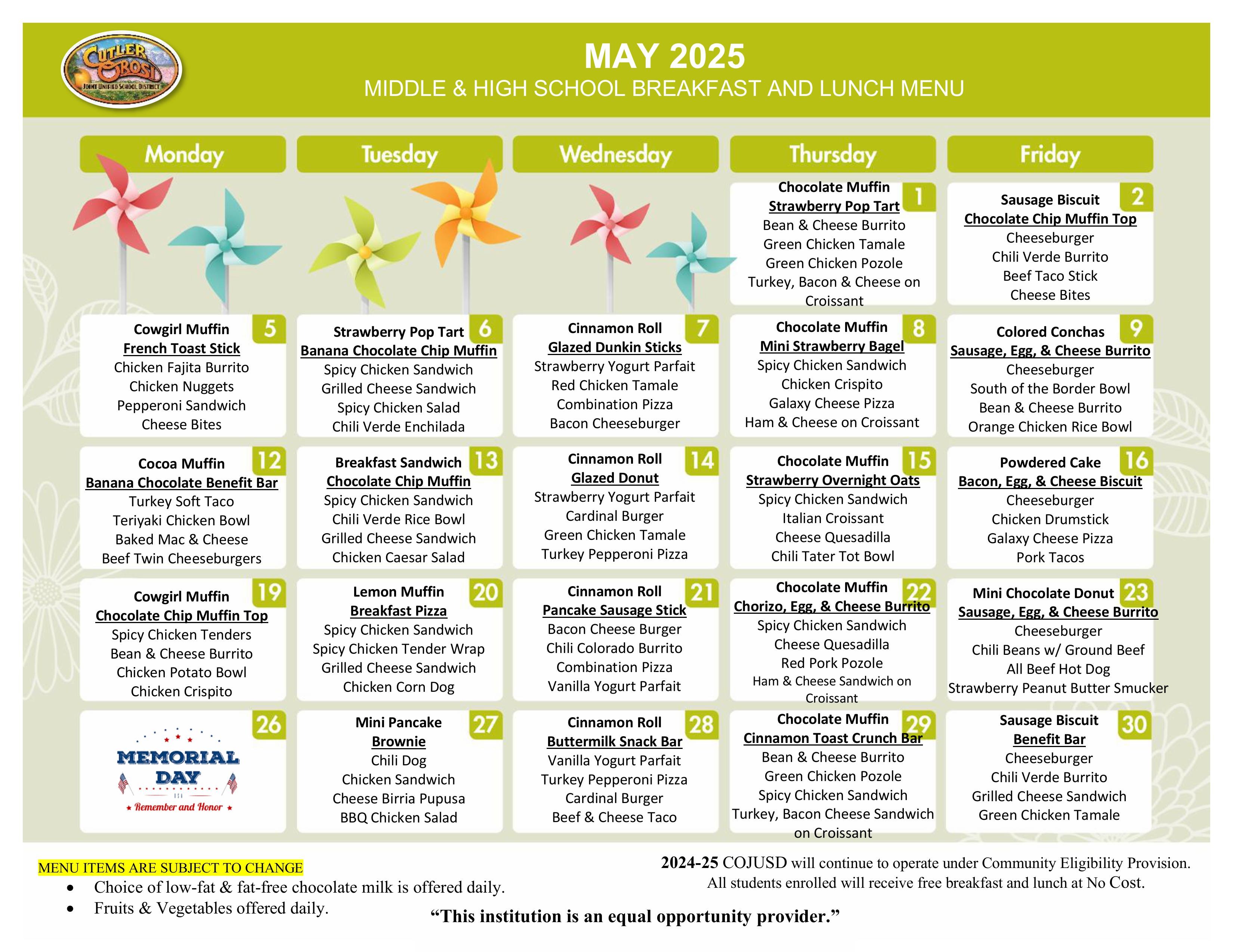 Middle & High School Breakfast and Lunch May Menu