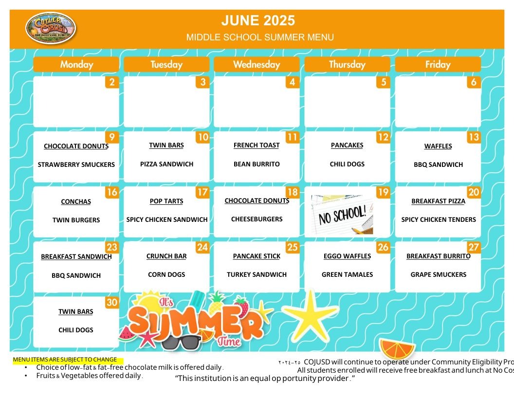 Middle School Breakfast and Lunch June Menu
