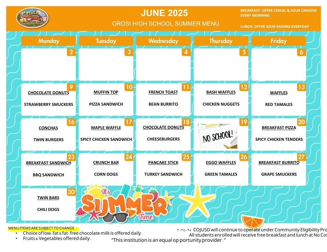 High School Breakfast and Lunch June Menu