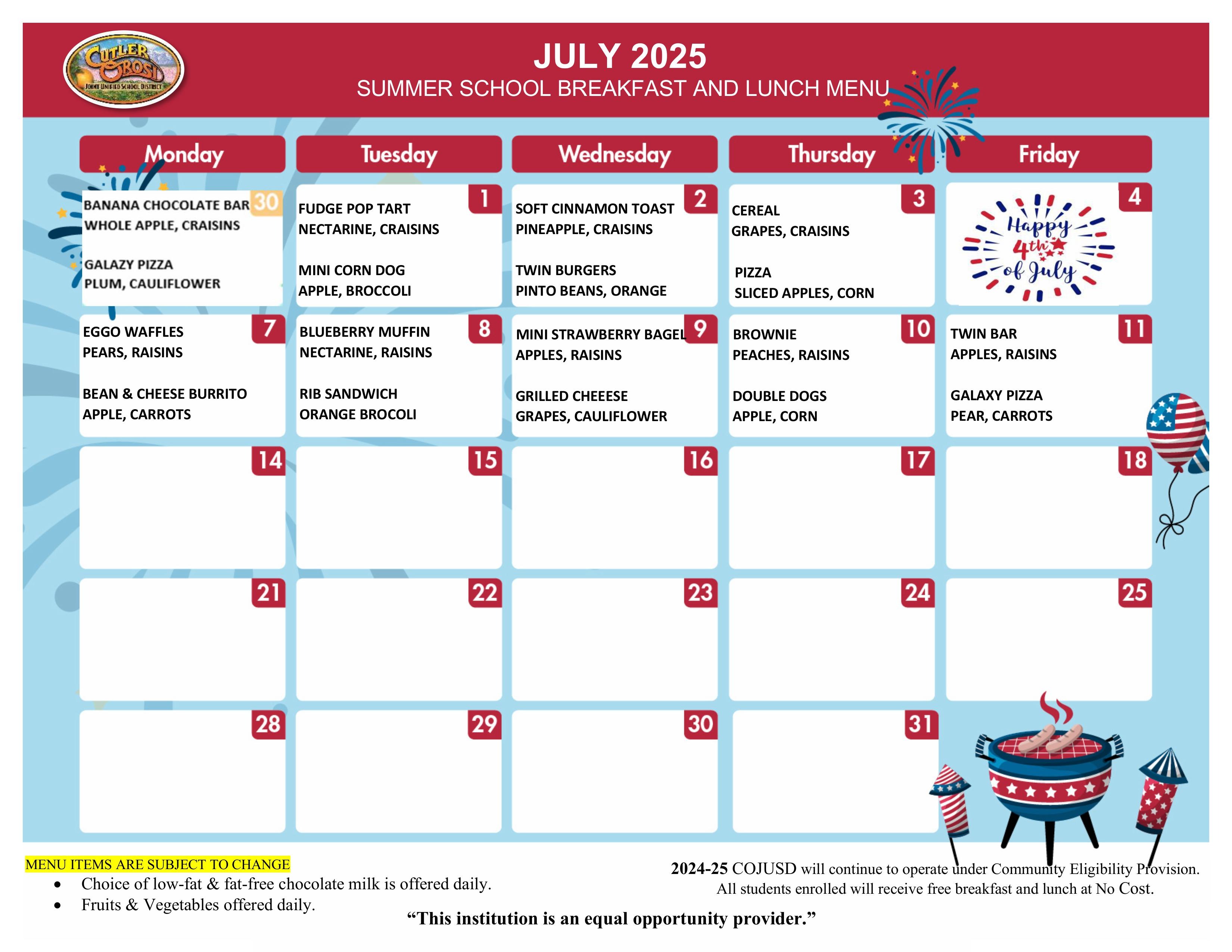 Summer Menu for July
