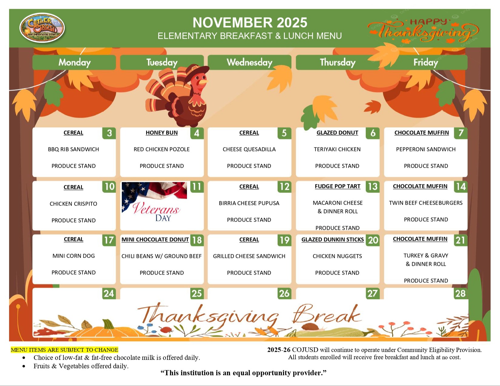 NOV ELEMENTARY MENU 