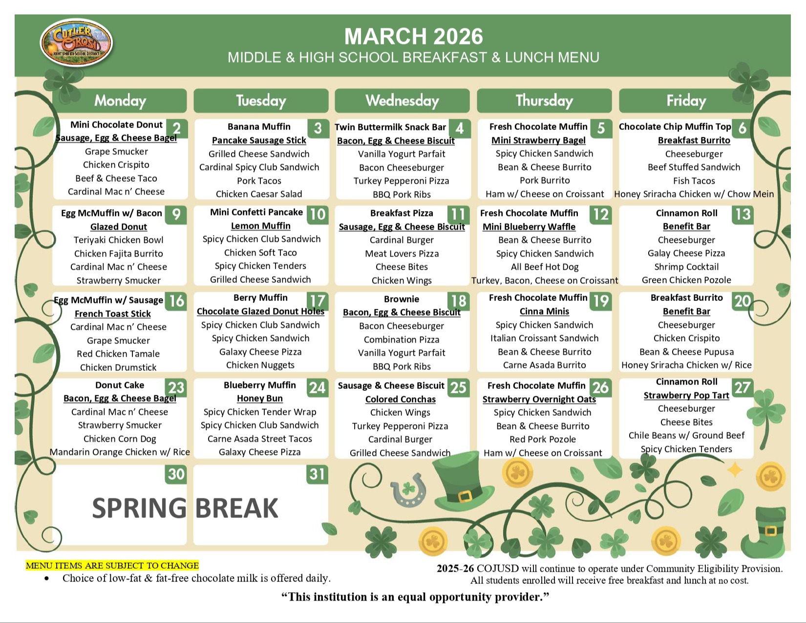 MARCH MENU FOR MIDDLE AND HIGH SCHOOL