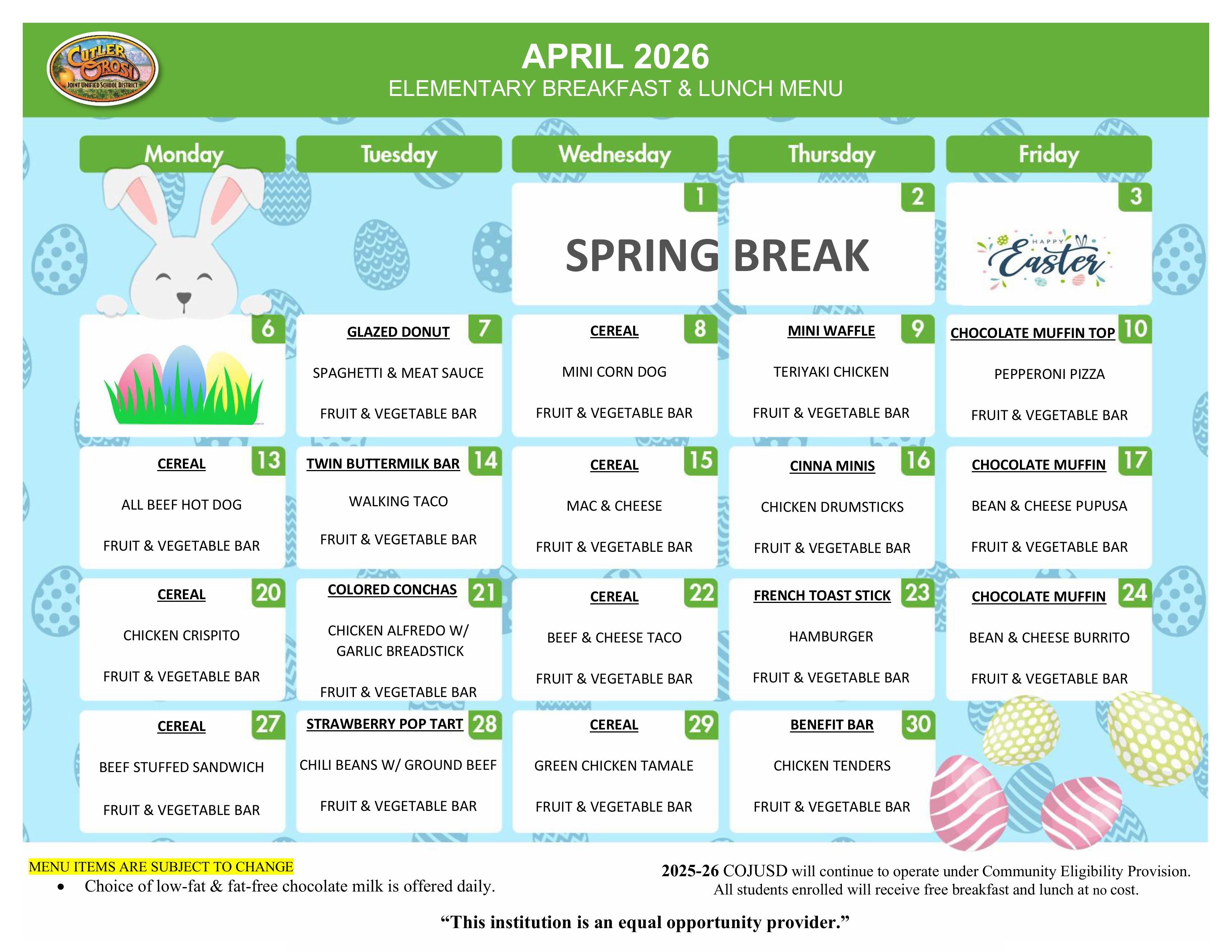 APRIL ELEMENTARY MENU 