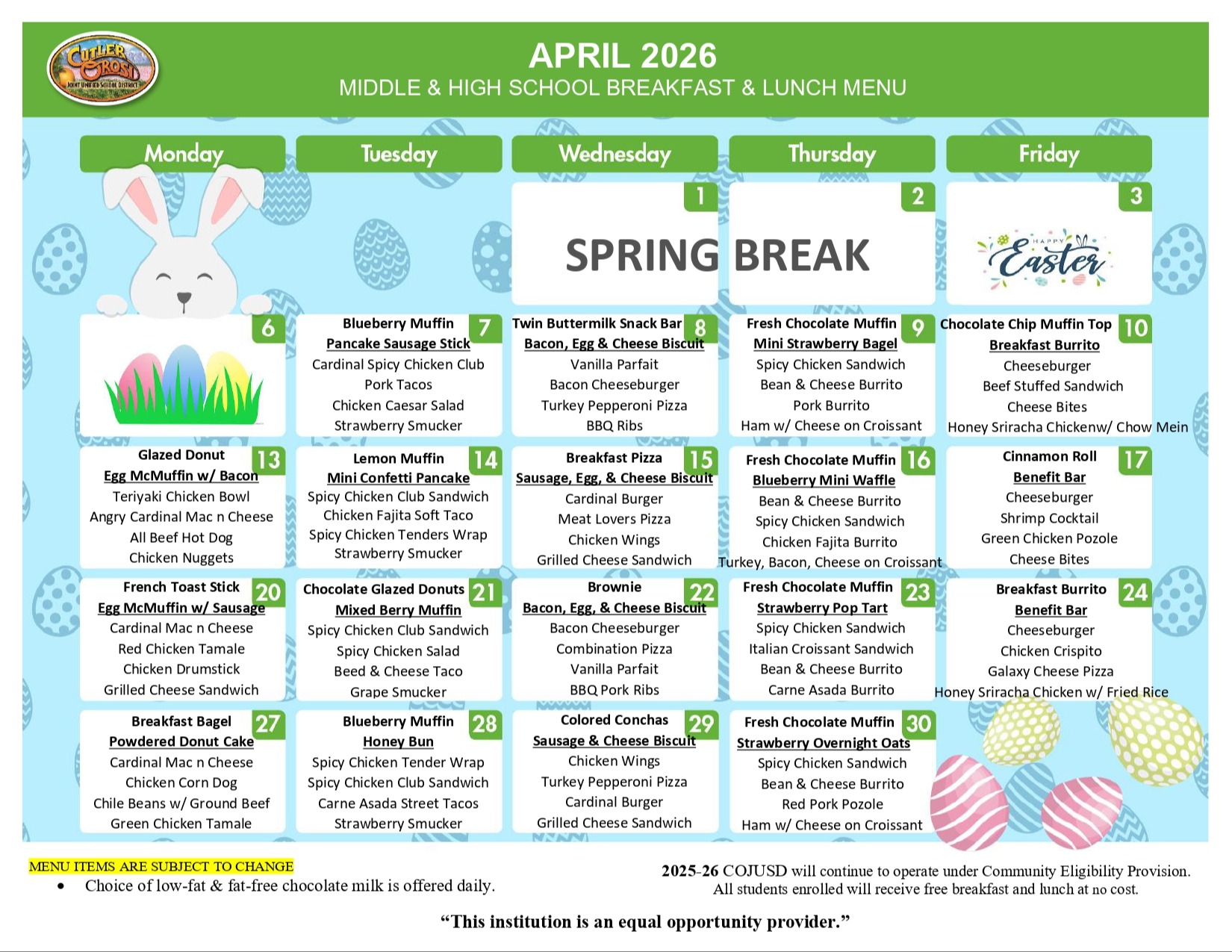 APRIL MENU FOR OHS AND EMMS