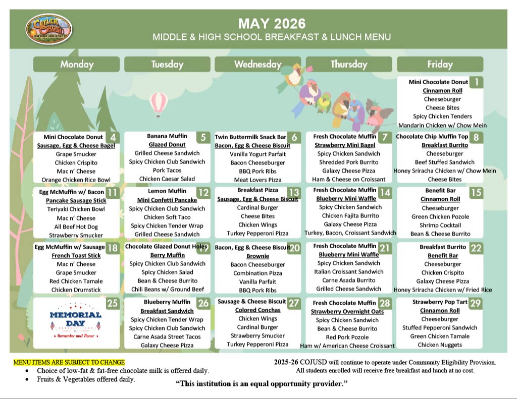 MAY MENU FOR MIDDLE AND HIGH SCHOOL