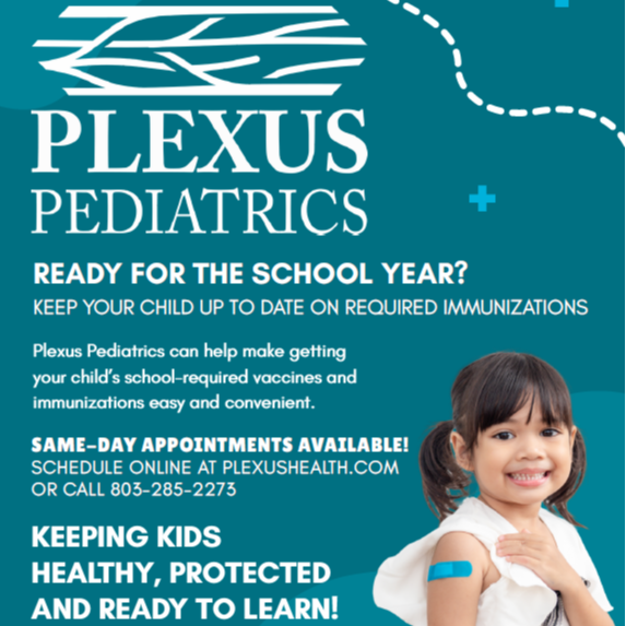 Blue background with text and a young girl smiling. Text reads "Plexus Pediatrics Ready for the School Year?" and "Keeping Kids Healthy, Protected and Ready to Learn."