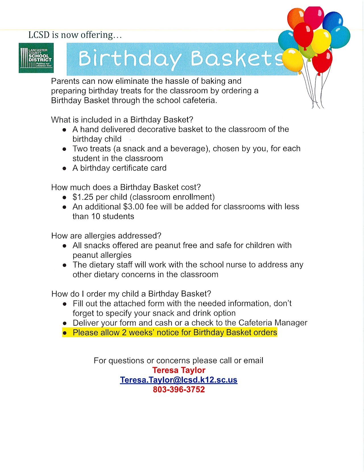 Birthday Baskets Harrisburg Elementary