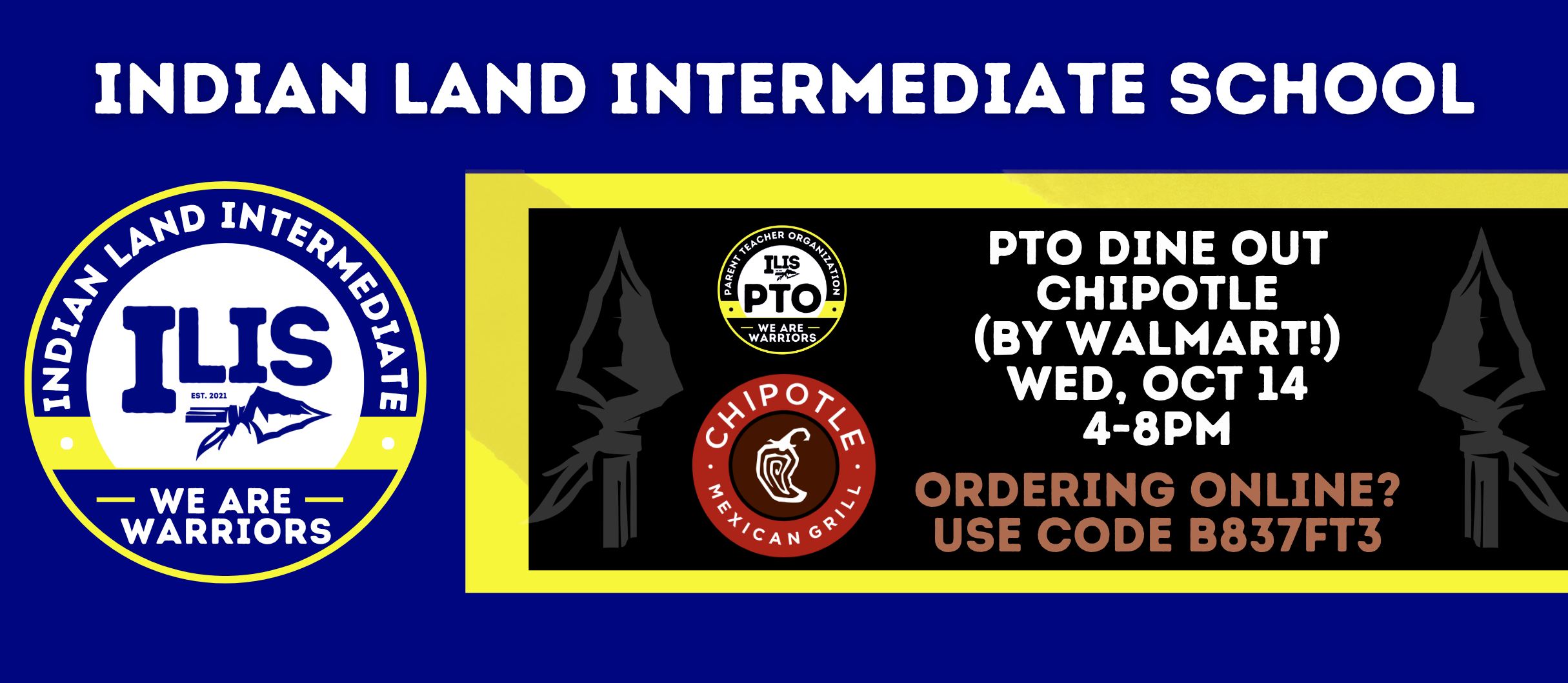 An event announcement for Indian Land Intermediate School. The event is a PTO dine-out at Chipotle, by Walmart, on Wednesday, October 14, from 4-8pm.