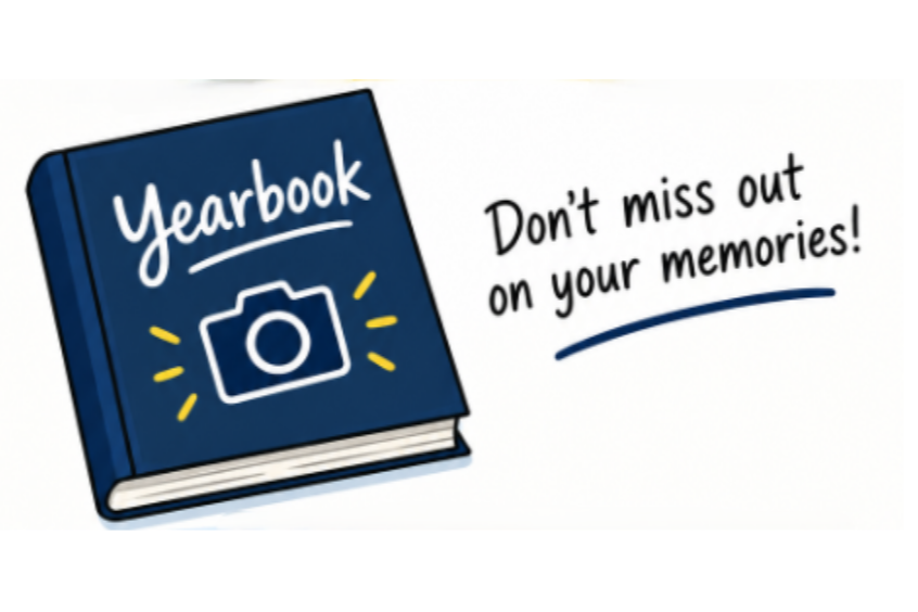 Picture of a yearbook and the slogan "Don't miss out on your memories!"
