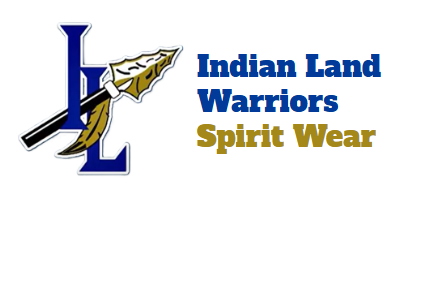 Blue, yellow, and black logo with a feather and spear over the text "Indian Land Warriors Spirit Wear".