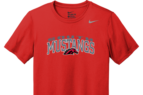 Red Nike T-shirt with "SOUTH MUSTANGS" in blue, a red horse logo above the text, and a white Nike logo.