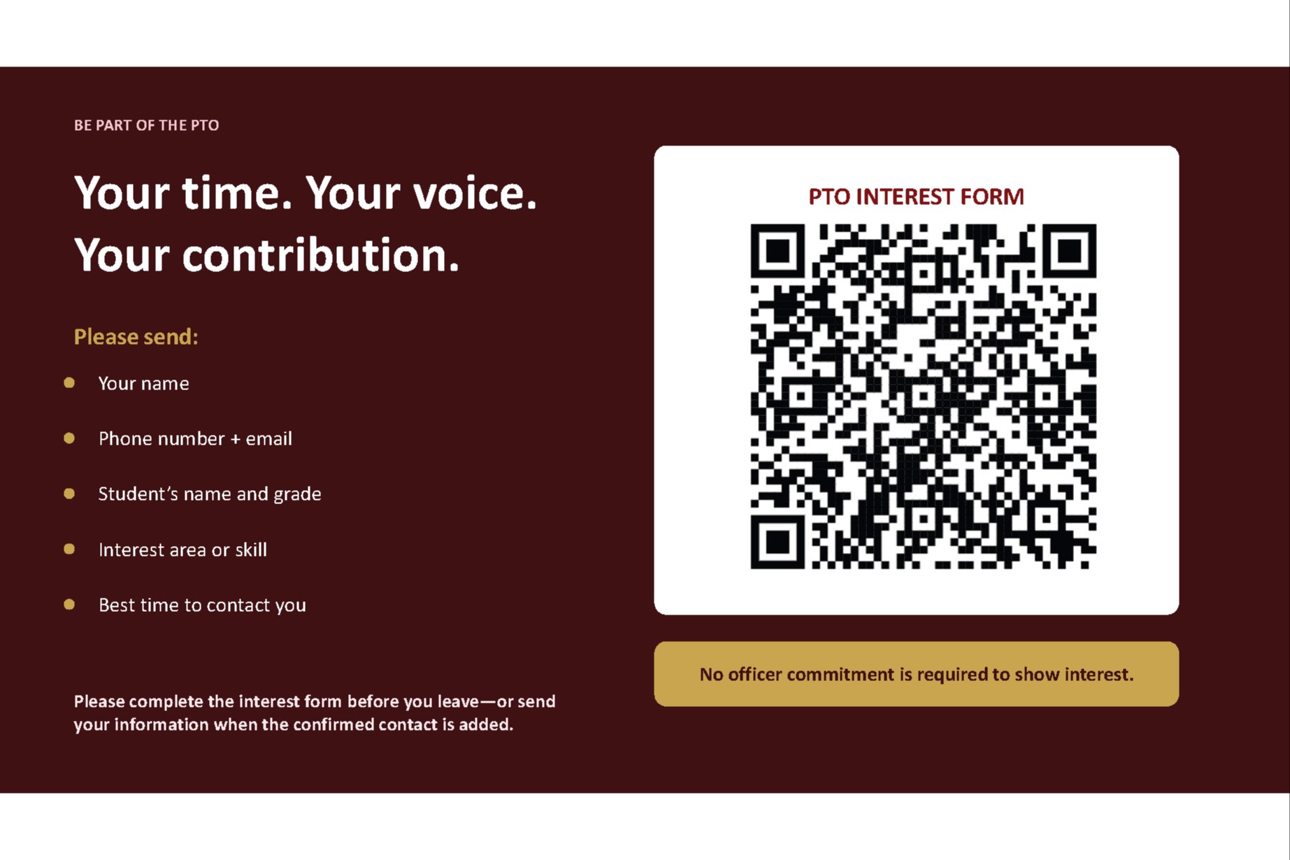 An interest form in black text on a white background, with a QR code, and text prompts for name, student number, grade, area of interest, and contact time.