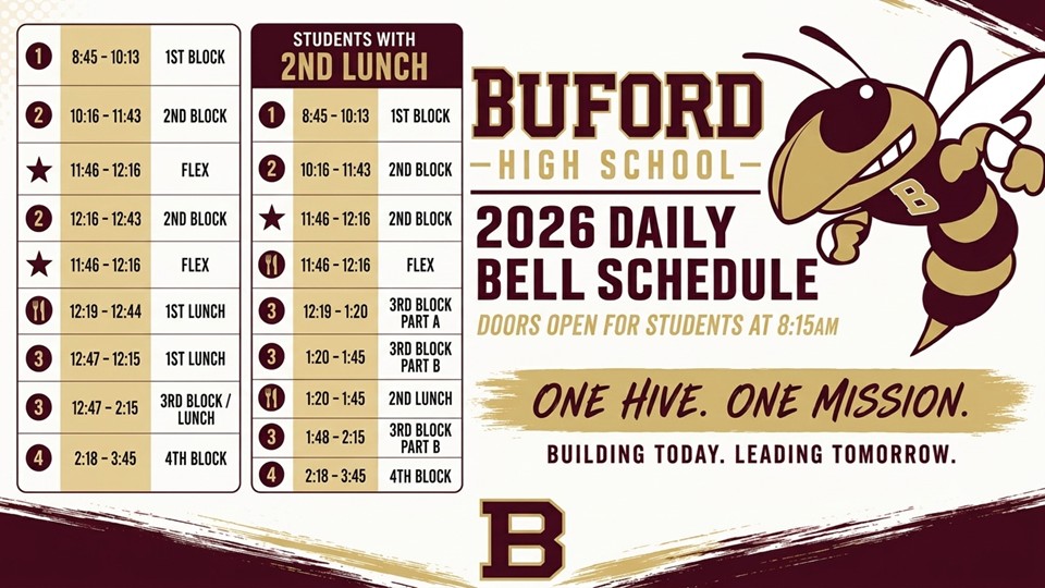 A daily bell schedule for Buford High School in 2026 is displayed, featuring a bee and text.