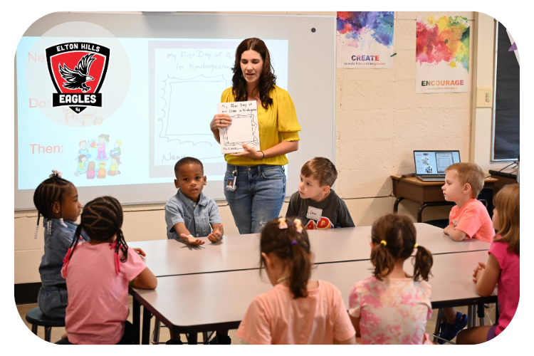 elton hills elementary teacher talking about their next activity in the front of the classroom with students around the table. 