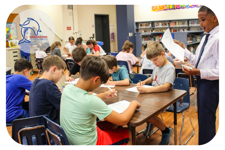 washington elementary students working on a classroom activity in the library.