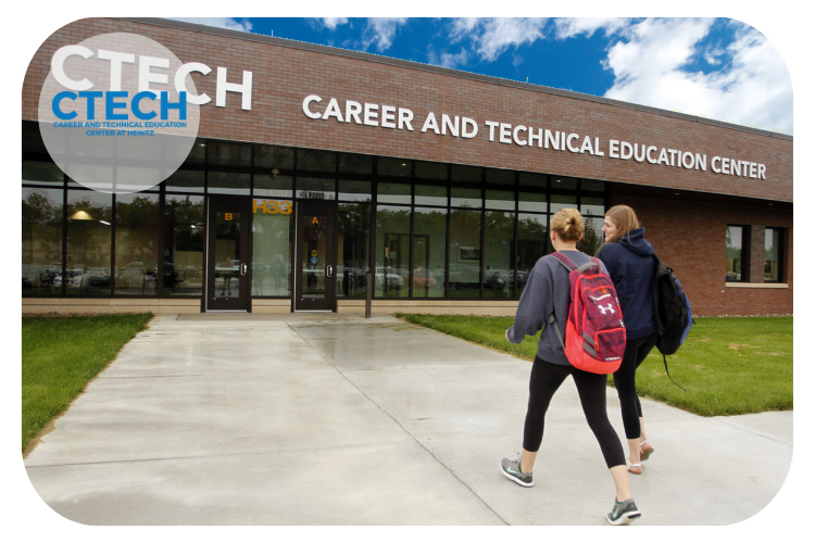 CTECH building exterior with students walking towards the building