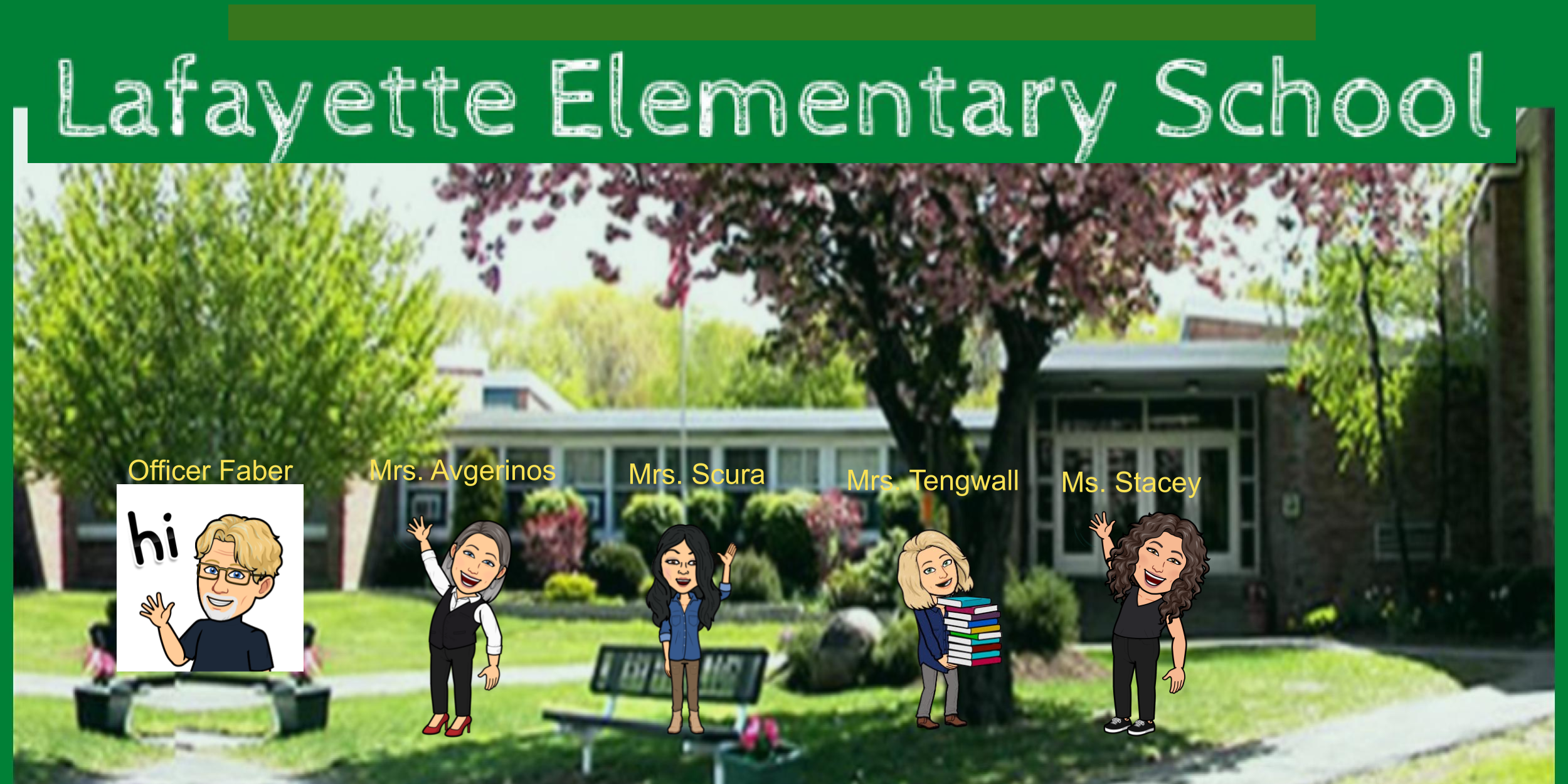 Cartoon of a school, with text, "Lafayette Elementary School". Four children wave. Trees and shrubs are in the foreground.