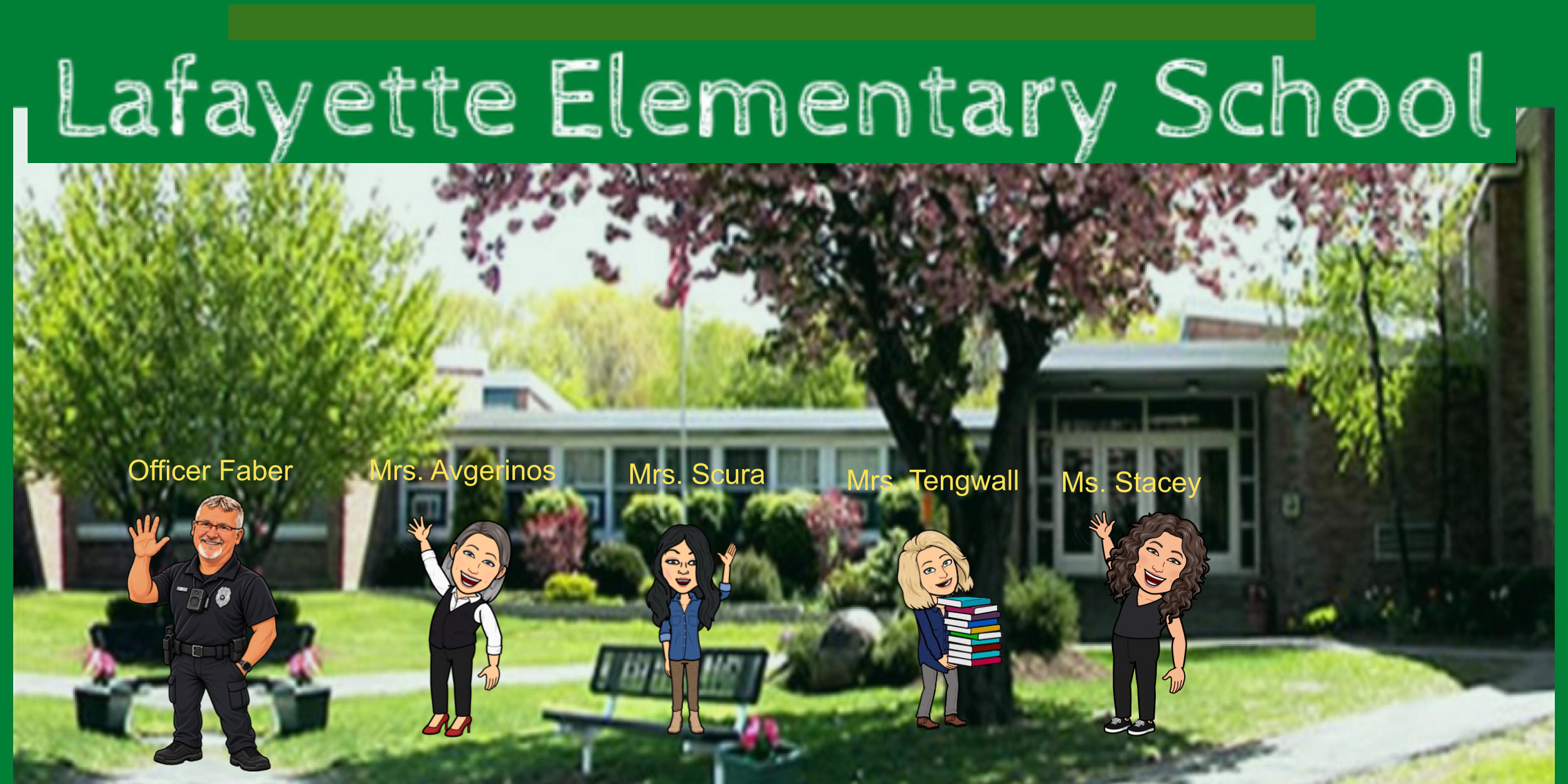 An illustration shows a school with a sign. A police officer and students stand on the lawn.