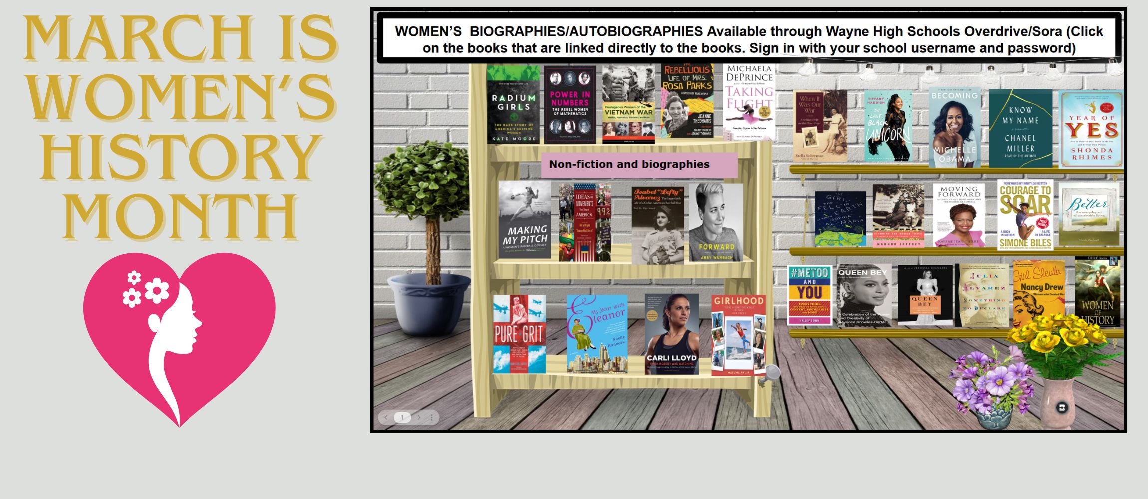 Display with "March is Women's History Month" text. A shelf of books and a potted plant. A pink heart with a female profile in the corner.