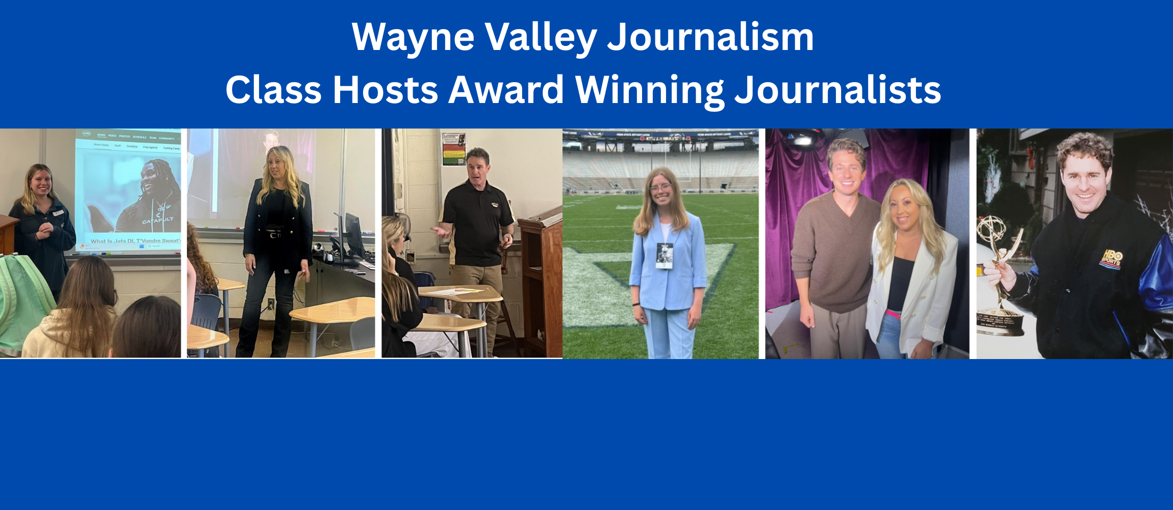 Collage of award-winning journalists in various settings, including a classroom, field, and presentation.