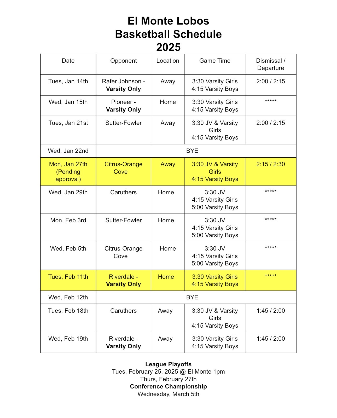 Basketball Schedule