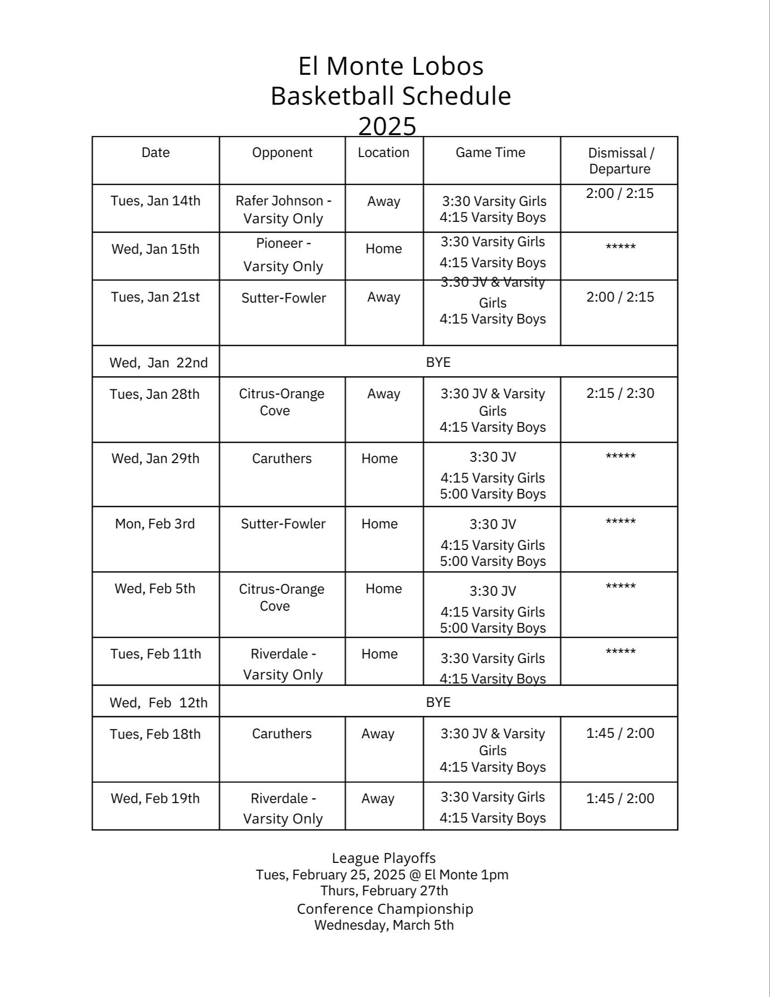 Basketball Schedule