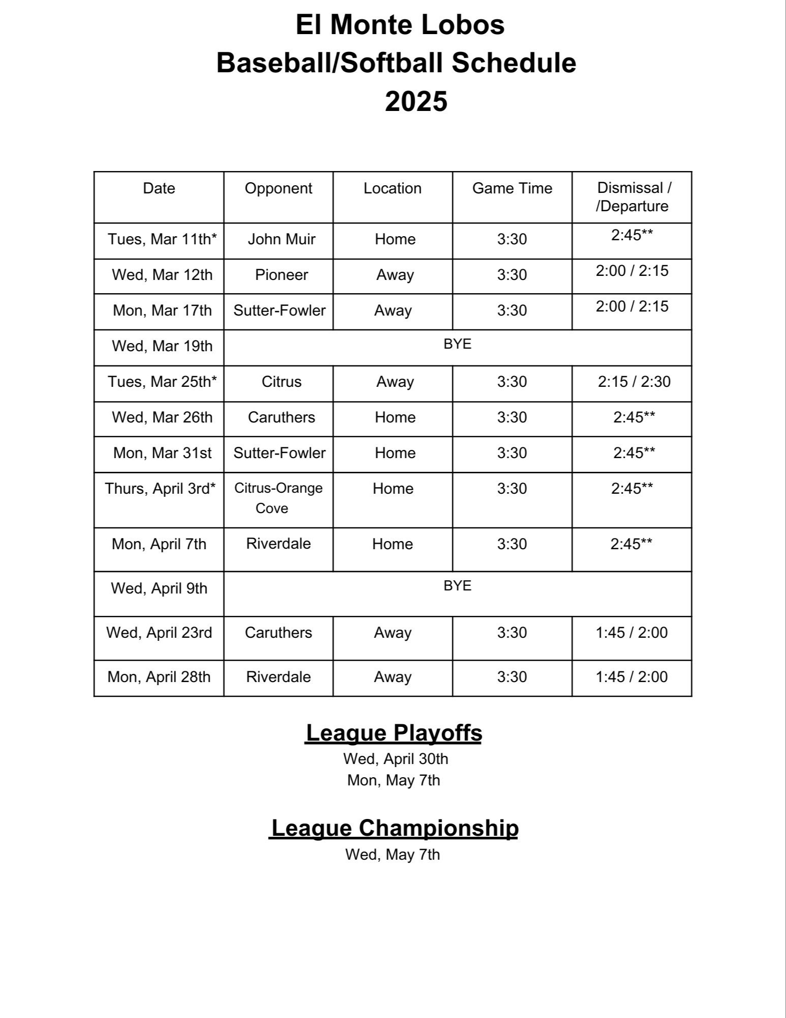 Baseball/Softball Schedule